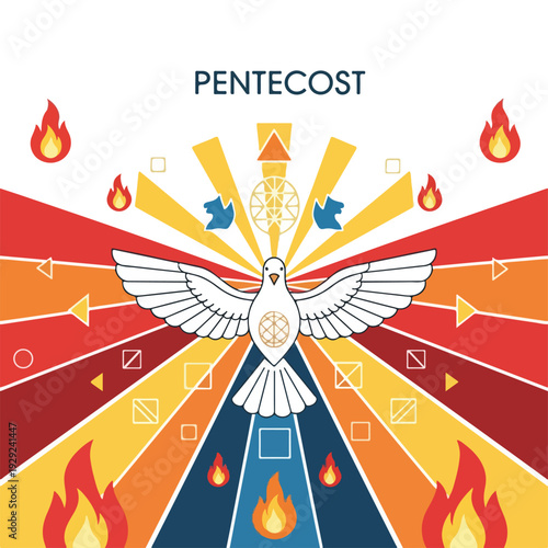 A religious illustration depicting a white dove with flames and rays