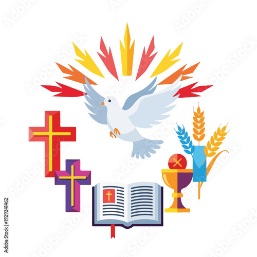 A religious illustration with crosses, dove, wheat, chalice and book