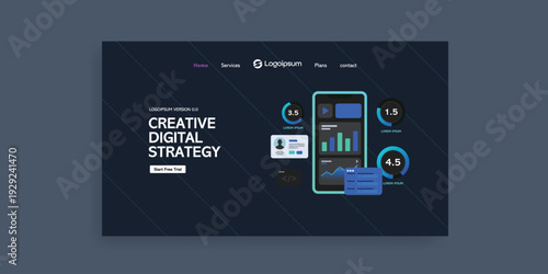 Creative Digital Strategy Webpage Design: A dynamic and modern webpage design showcases a Creative Digital Strategy, illustrating digital interfaces, showcasing user interfaces.