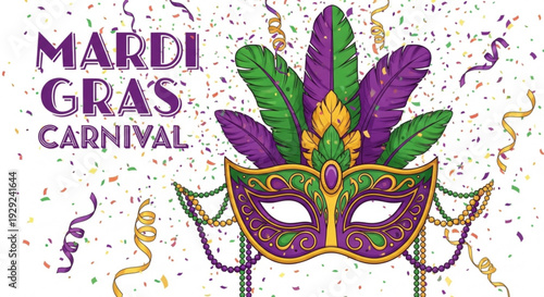 Vibrant mardi gras carnival mask with purple green and gold feathers and confetti on white background