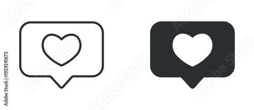 Like notification icon set, heart in speech bubble line and solid vector illustration