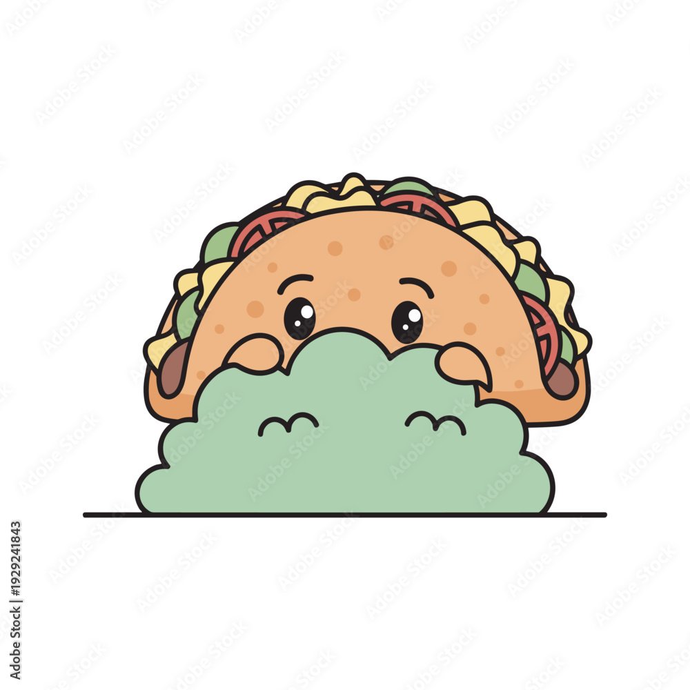 Fototapeta premium Cartoon taco character with green cloud on white background