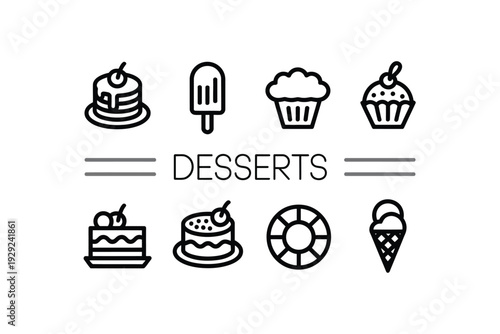 Dessert icons set with various sweet treats and minimalist design