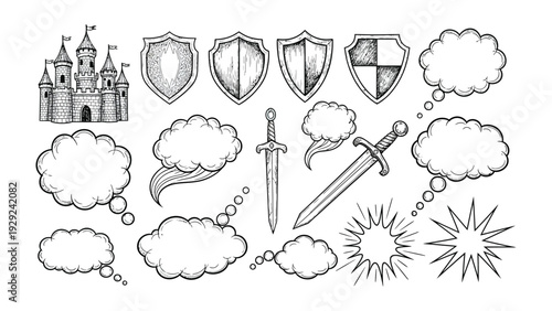 Medieval Fantasy Illustration Set: A collection of meticulously drawn elements, including a majestic castle, various shields, swords, and thought bubbles, all rendered in an elegant, vintage style.