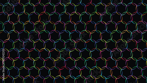 Colorful intersecting overlapping circles geometric pattern on dark background, vector illustration