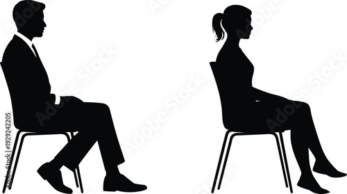 Business interview silhouettes man and woman sitting opposite on chairs isolated minimal vector illustration concept