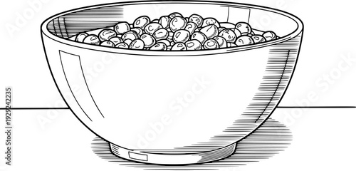 Black and white line of a bowl filled with beans a white background food