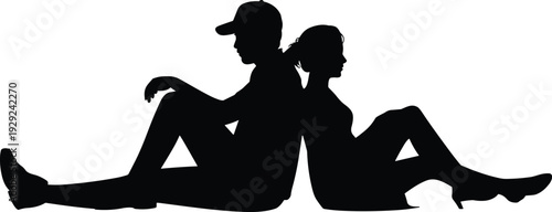 Couple silhouettes sitting back to back friendship trust support teamwork relationship isolated black vector illustration
