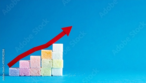 Conceptual Business Growth Chart Made of Colorful Sugar Cubes with a Red Rising Arrow on Blue Background