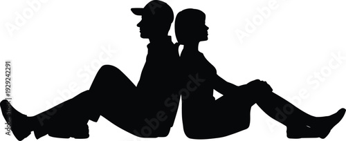Couple silhouettes sitting back to back support trust friendship teamwork relationship isolated vector illustration
