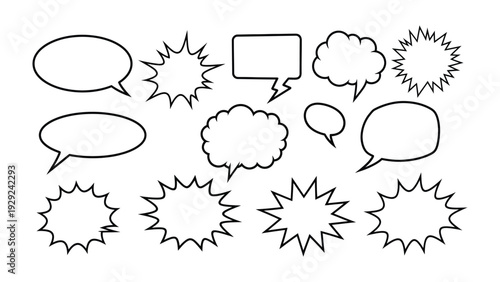 Comic Bubbles in Speech: A variety of blank comic bubbles, ready to capture your words or convey thoughts in the vibrant style of comic art.