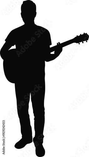 Front view standing guitarist silhouette holding acoustic guitar isolated black musician figure minimal music illustration