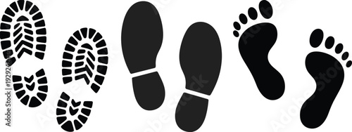 Footprints silhouettes shoe prints boot tracks and barefoot steps isolated black vector illustration set