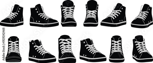 High top sneaker silhouettes set casual lace up shoes footwear black vector illustration collection