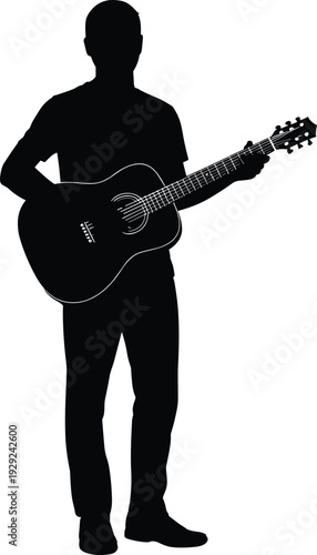 Standing guitarist silhouette playing acoustic guitar isolated black musician figure music performance illustration