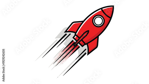 Red Rocket's Ascent: A dynamic vector illustration showcasing a vibrant red rocket soaring through the sky, trails of motion behind it, symbolizing innovation and advancement.