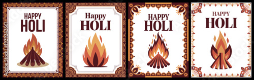 Happy Holi Bonfire Poster Set Holika Dahan Festival Fire Celebration Illustration