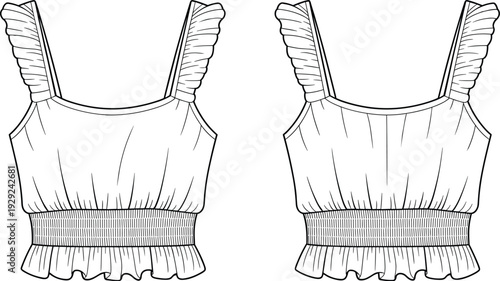 Women blouse top front and back view fashion line art clothing illustration isolated vector