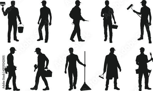 Professional worker silhouettes set, painters cleaners and maintenance staff with tools isolated on white background service industry collection