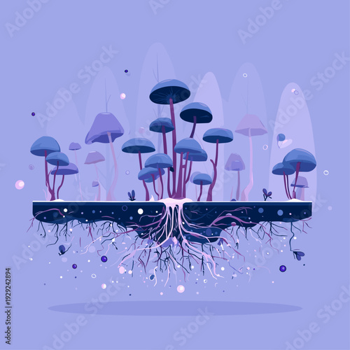 Underground Mycelium Network Beneath Mushrooms