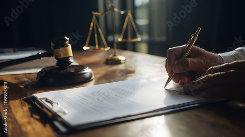 A legal professional is reviewing an insurance claim after a car accident and signing paperwork on a wooden desk with a gavel and scales of justice symbolizing liability and settlement.