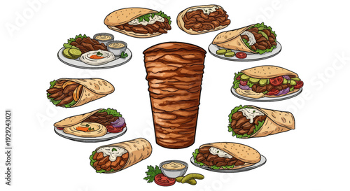 Set of Doner Kebab and Shawarma Menu Illustrations with Vertical Grill Rotisserie, Pita Bread, and Wraps