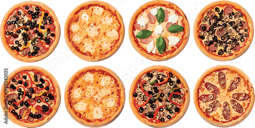 Top View Pizza Collection Set with Different Toppings Including Pepperoni, Cheese, Vegetables, and Mushrooms Isolated on Light Background for Menu Design