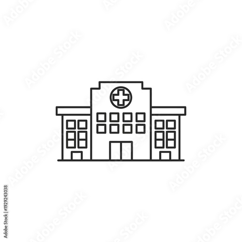Modern hospital building icon, simple line art exterior facade with cross symbol