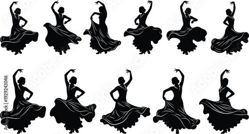 Collection of Traditional Spanish Flamenco Dancer Silhouettes Featuring Women in Ruffled Dresses and Passionate Poses for Cultural Performance Art and Creative Graphic Design Projects
