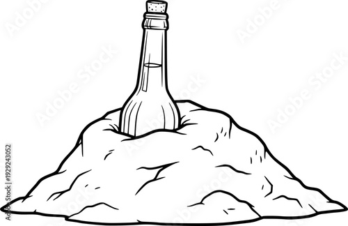 Black and white of a corked bottle emerging from a mound of earth sand