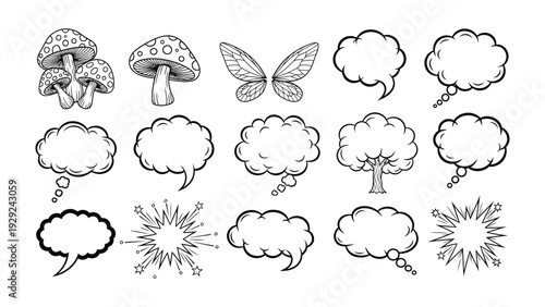 Cartoon Elements of Imagination: A collection of various comic elements, including mushrooms, butterfly wings, thought bubbles, and a tree, perfect for adding whimsy and creativity to designs.