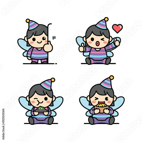 Cartoon fairy character expressing different emotions with copy space