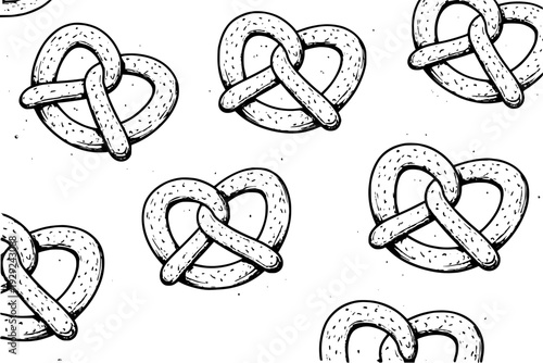 Hand Drawn Black and White Pretzel Pattern White Background food snack