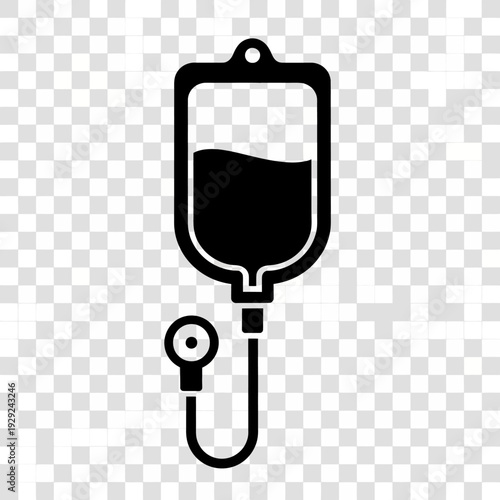 Black IV Drip Bag Icon with Tube and Clamp on Transparent Background