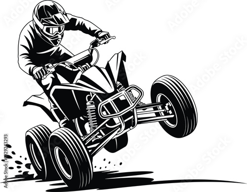 ATV rider vector illustration with helmet, protective gear and dynamic wheelie motion
