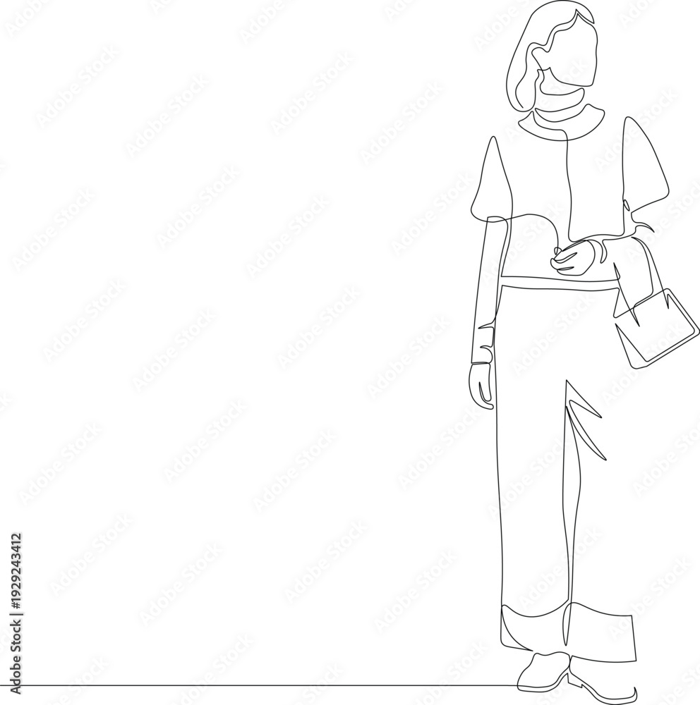 Obraz premium Continuous Line Stylish Woman Walking with Handbag. Minimalist One Line Female Fashion and Urban Lifestyle Illustration