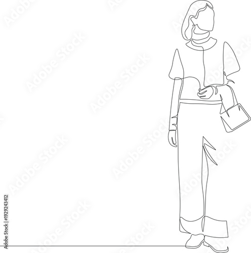 Continuous Line Stylish Woman Walking with Handbag. Minimalist One Line Female Fashion and Urban Lifestyle Illustration
