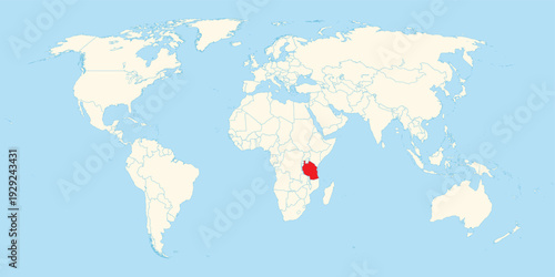 Simple world map showing the geographical location of Tanzania highlighted in red on African continent territory