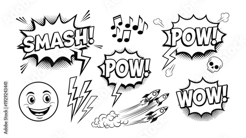 Comic Book Collection: Collection of various speech bubble and graphic elements exuding energy and excitement in a classic black and white comic book style.