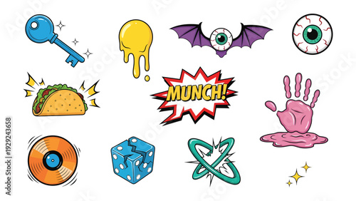 Pop Art Assortment: A whimsical composition of vibrant pop art icons, each exuding a unique personality, from a shiny key to a succulent taco, capturing the essence of playful design.