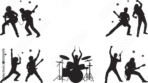 Rock band silhouettes set, guitarist singer and drummer performing live music concert isolated on white background entertainment collection