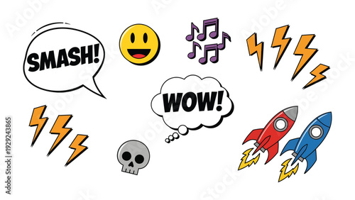 Comic Book Elements: A vibrant illustration showcasing an array of comic book elements, ready to add excitement to any design. 