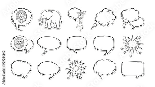 Speech Bubbles Set: A collection of various hand-drawn speech bubble designs, perfect for communication concepts, dialogue illustration, and creative expression. 