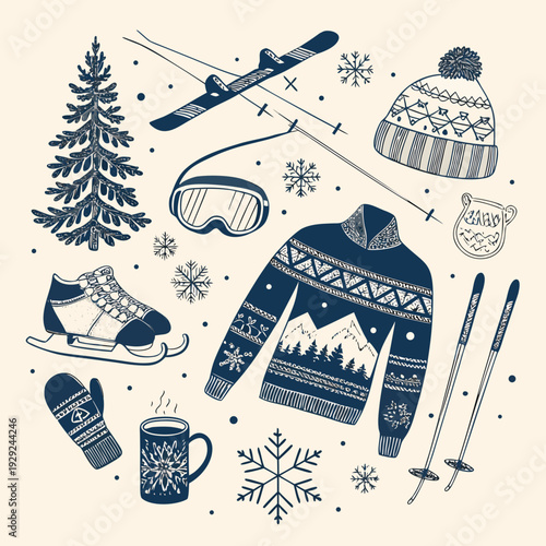 Seamless Winter Ski Resort Doodle Pattern with Hand Drawn Icons