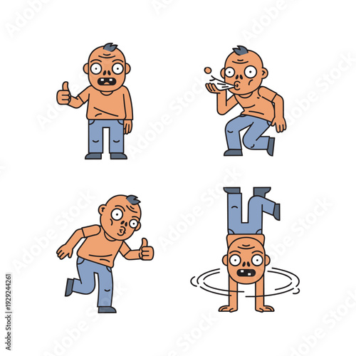 Cartoon man showing approval and doing yoga handstand in various poses with copy space