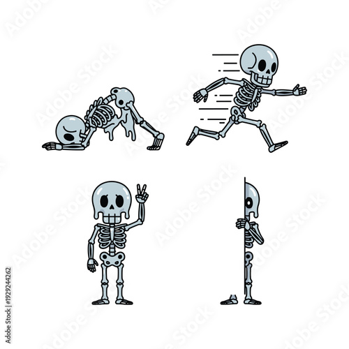 Skeleton characters in different poses and actions with minimalist style