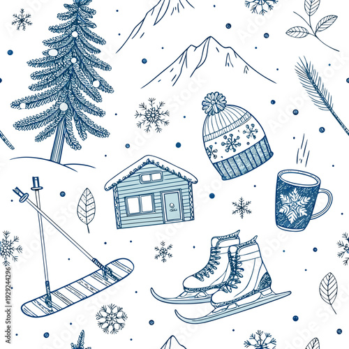 Seamless Winter Ski Resort Doodle Pattern with Hand Drawn Icons