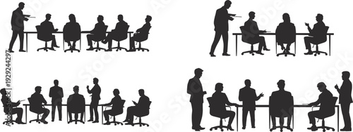 Business meeting silhouettes set, corporate team discussion and office conference presentation isolated on white background professional workplace collection
