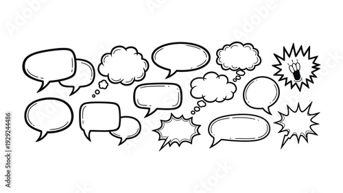 Thought Bubbles and Idea Sparks: An array of speech and thought bubbles and idea spark illustrations, perfect for communication, creativity and conceptual projects.