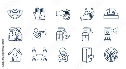 Hygiene and virus prevention icon set with blue line art symbols for health safety and medical protection